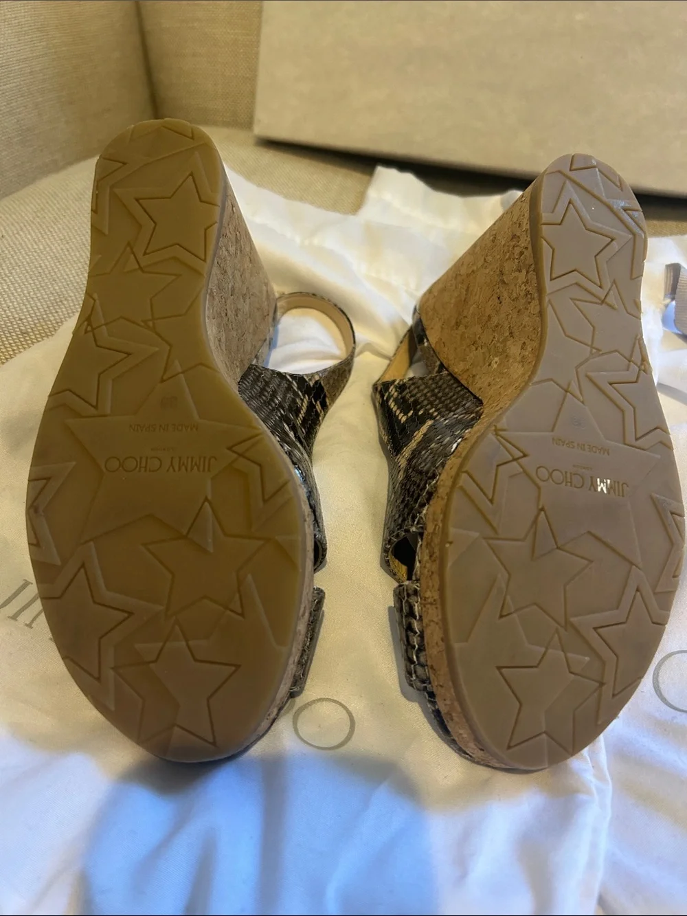 Jimmy Choo Black and Tan Snake-Print Wedge Slingbacks